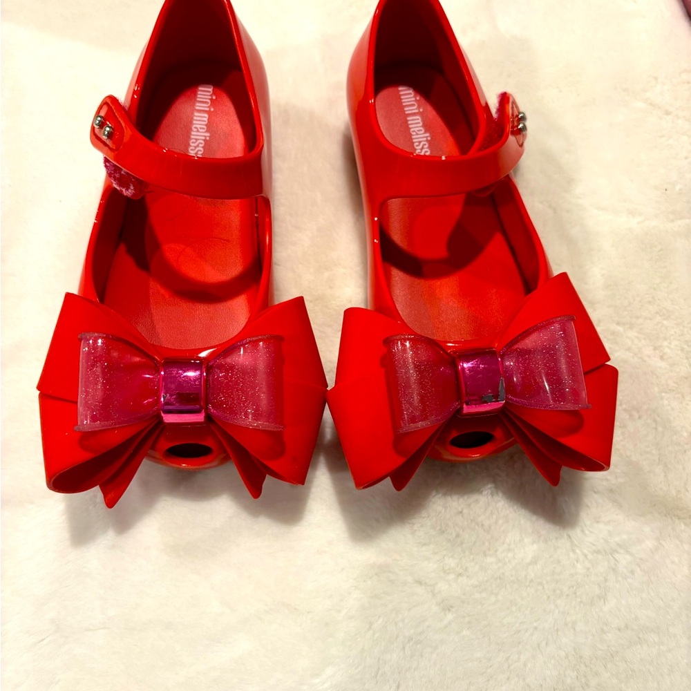 Mini Melissa Kids Red and Pink Bow Dress Shoes